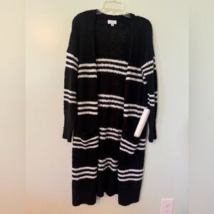 Black and white striped long cardigan sweater with pockets
